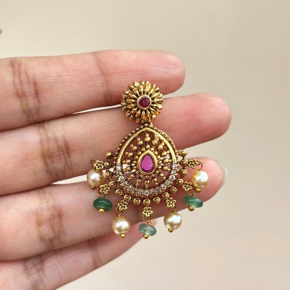 Handmade Brass Metal Jewellery Ruby Pearl Chandbali Earrings